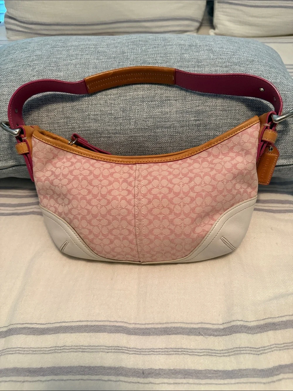 Coach Pink Signature Canvas Hobo with Tan & White Accents